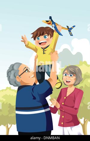 A vector illustration of happy grandparents playing with their grandson Stock Vector