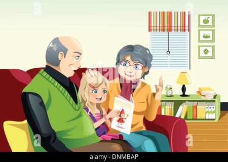 A vector illustration of happy grandparents and their little granddaughter reading a book  together Stock Vector