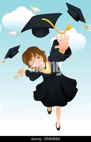 A vector illustration of a happy student celebrating her graduation Stock Vector