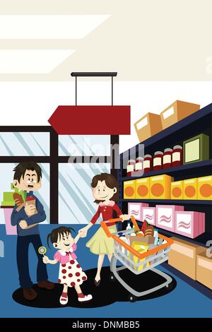 A vector illustration of a family doing grocery shopping Stock Vector