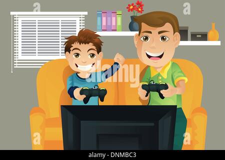 A vector illustration of a father and his son playing video games in the living room Stock Vector