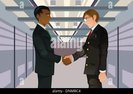 A vector illustration of two businessmen shaking hands in a technology datacenter Stock Vector