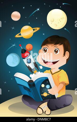 A vector illustration of a boy reading an astronomy science book Stock Vector