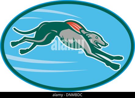 illustration of a Greyhound racing and jumping set inside oval Stock Vector