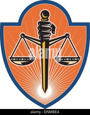 illustration of a  Hand holding sword scales of justice set inside a shield Stock Vector