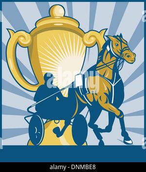 illustration on sulkies,Harness cart horse racing viewed from low angle with championship cup and sunburst in background retro style. Stock Vector