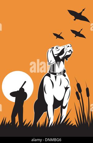 illustration of a hunter aiming shotgun with retriever dog done in retro style Stock Vector