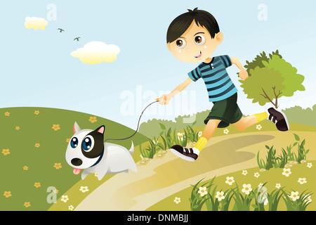 A vector illustration of a boy and a dog playing and running in the park Stock Vector