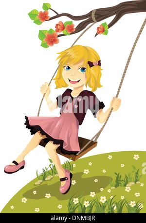 A vector illustration of a cute girl on a swing outside Stock Vector