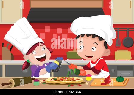 A vector illustration of happy kids having fun in the kitchen making pizza Stock Vector