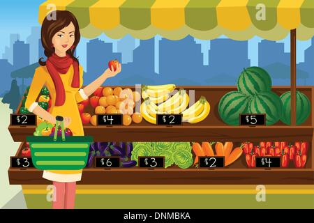 A vector illustration of beautiful woman shopping in an outdoor farmers market Stock Vector