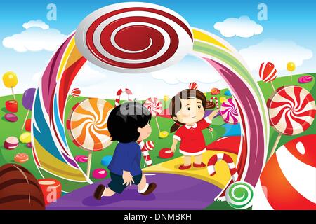 A vector illustration of happy kids playing in a candy land Stock Vector