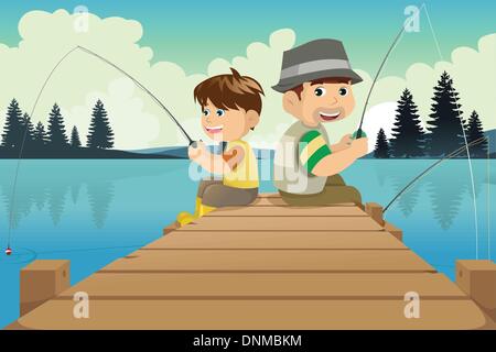 Download A vector illustration of dad and son fishing while mom and ...