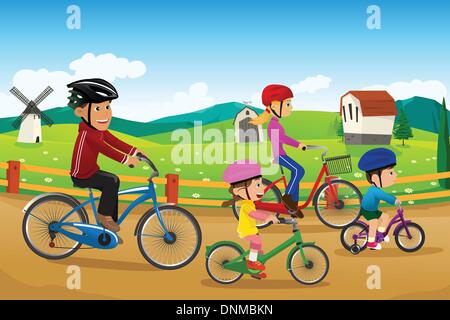 A vector illustration of happy family going biking together in a countryside rural area Stock Vector