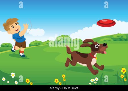 A vector illustration of handsome little boy playing with his dog in the park Stock Vector