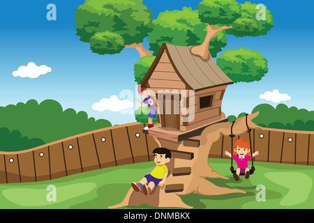 A vector illustration of kids playing in a tree house Stock Vector