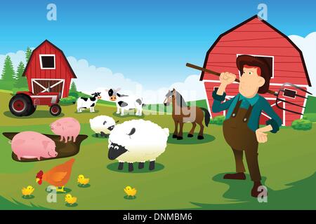 A vector illustration of a farmer at his farm with farm animals Stock Vector