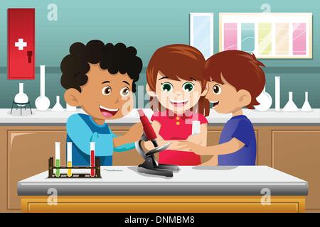 A vector illustration of kids making science experiment in a lab Stock Vector