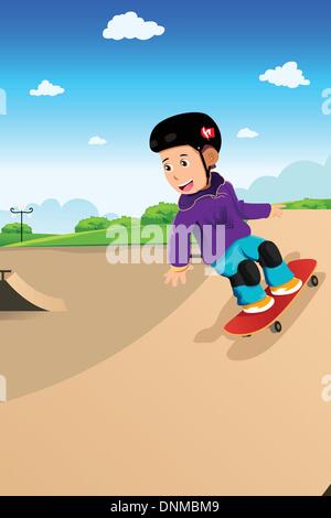 A vector illustration of cute boy playing skateboard in a skate park Stock Vector