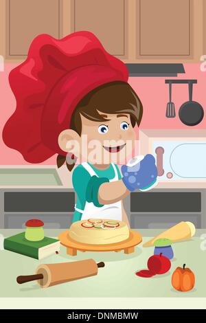 A vector illustration of happy kid cooking in the kitchen Stock Vector