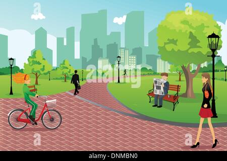 A vector illustration of young modern trendy people in a city park doing activities Stock Vector