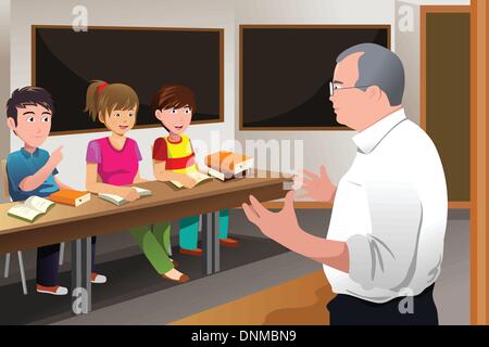 A vector illustration of college students in class with professor teaching Stock Vector