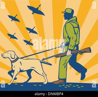 illustration of a Hunter with rifle walking with trained hunting gun dog Stock Vector