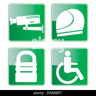 Illustration of icons showing cctv surveillance camera bike crash helmet padlock mobility wheelchair on isolated background. Stock Vector