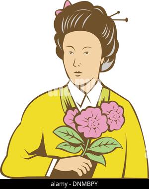 illustration of a Japanese woman in kimono holding flowers Stock Vector