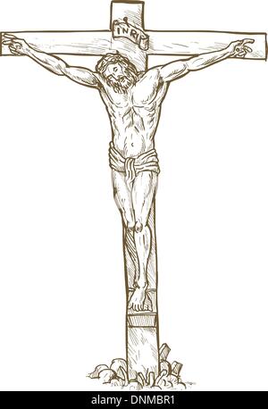hand drawn sketch illustration of Jesus Christ hanging on the cross Stock Vector