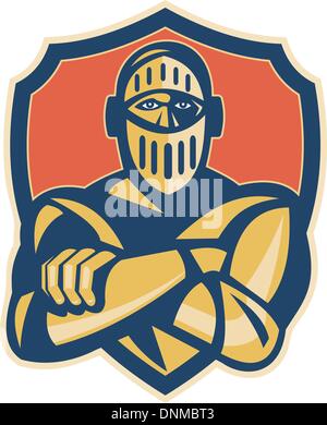 illustration of a knight with arms crossed with shield in background Stock Vector