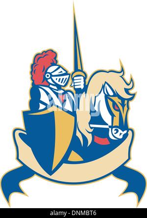 Knight riding a horse with weapon and shield illustration Stock Vector ...