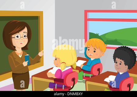 A vector illustration of kids studying in classroom with teacher Stock Vector