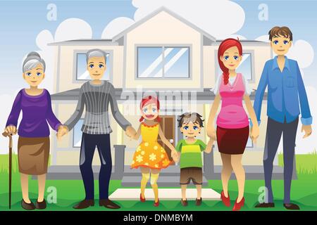 A vector illustration of a multi generation family in front of the house Stock Vector