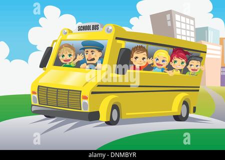 A vector illustration of kids riding in a school bus Stock Vector