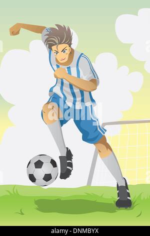 A vector illustration of a soccer player running and kicking a ball Stock Vector