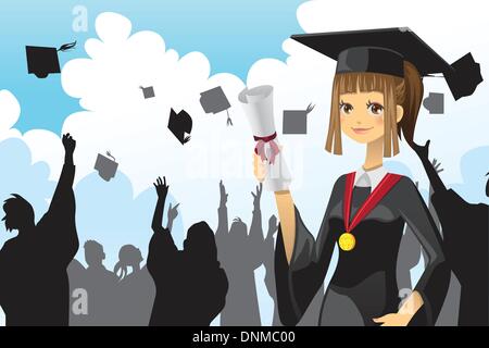 A vector illustration of a graduation girl holding her diploma with her friends in the background Stock Vector