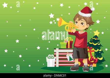 A vector illustration of a boy blowing a trumpet celebrating Christmas Stock Vector