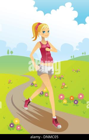 A vector illustration of a girl running in a park Stock Vector
