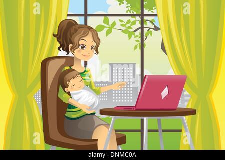 A vector illustration of a mother working on a laptop while holding a baby Stock Vector