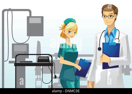 A vector illustration of a doctor and a nurse in the hospital Stock Vector