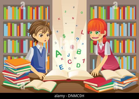 A vector illustration of kids education, kids studying in the library Stock Vector