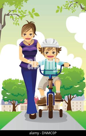 A vector illustration of a mother teaching her son how to ride a bike Stock Vector