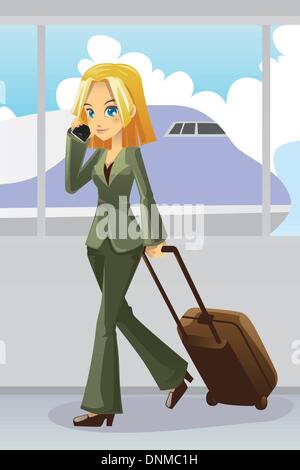 A vector illustration of a businesswoman talking on the phone pulling on her luggage at the airport Stock Vector