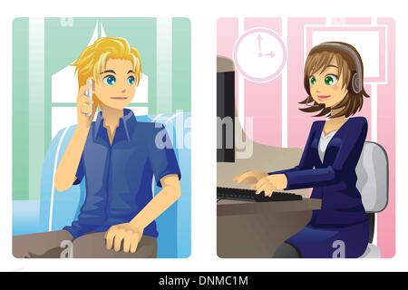A vector illustration of a customer and a customer service representative talking on the phone Stock Vector