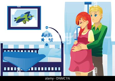 A vector illustration of a happy pregnant couple at home Stock Vector