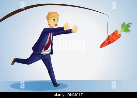 A vector illustration of a businessman trying to reach a carrot dangled on a stick in front of him Stock Vector