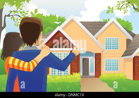 A vector illustration of a young couple looking at their dream house Stock Vector