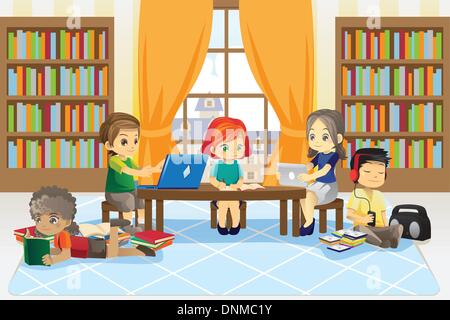 A vector illustration of a group of children in the library Stock Vector