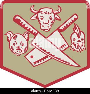 Imagery shows a Cow,pig and chicken with crossed butcher knife set inside a shield Stock Vector